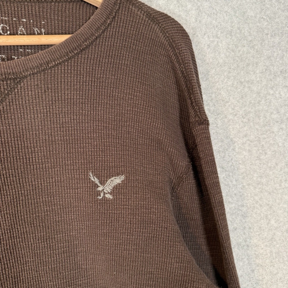 American Eagle Thermal Mens Medium Y2K Logo Long Sleeve Brown Shirt - Picture 2 of 7